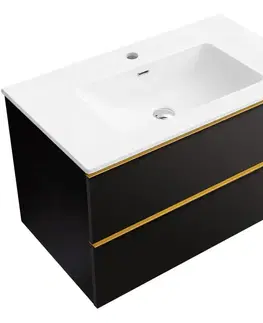 Kúpeľňový nábytok CERANO - Kúpeľňová skrinka Velora - čierna matná, úchytka zlatá + keramické umývadlo Novo - biela lesklá - 81x54,5x46,5 CER-979901