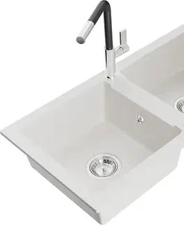 Kuchynské drezy MEXEN/S MEXEN/S - Mario granitový drez 2-bowl vrátane batérie Flora, biela 6504-20-670401-07