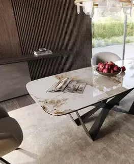Jedálenské stoly DELIFE Jedálenský stôl Edge zaoblený tvar 200x100 keramika Minas Melange bielo-béžová Spider plochá oceľ čierna