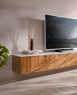 Televízne stolíky DELIFE TV stolík Bahan 200 cm mango teak 4 dvierka mramorová doska biela závesný