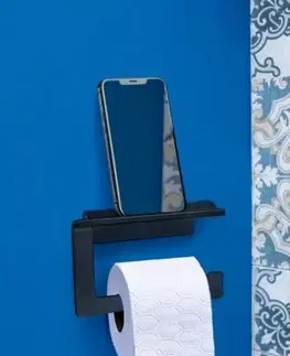 WC kefy Kinekus Držiak na WC toaletný papier, čierny, s malou poličkou, samolepiaci