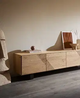 Televízne stolíky DELIFE TV stolík Tereos 220 cm dub prírodná 3D efekt 4 dvierka podstava kov čierna