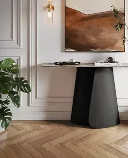 Konzolové stolíky DELIFE Konzolový stolík Edge zaoblený 140×40 cm keramika Patagonia leštený Livos kov čierna