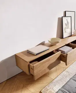Televízne stolíky DELIFE TV stolík Wyatt 220 cm dub prírodný 4 zásuvky podstava v tvare V kov čierna