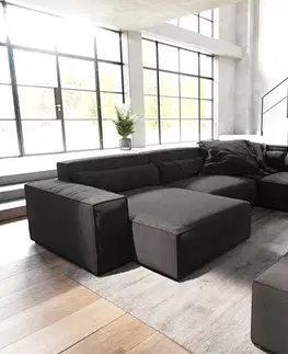 Sedacie súpravy XL DELIFE Pohovka v tvare "U" Sirpio 300x210 cm mikrovlákno čierna ležadlo variabilné s taburetom