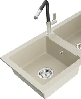 Kuchynské drezy MEXEN/S MEXEN/S - Mario granitový drez 2-bowl vrátane batérie Flora, béžová 6504-69-670401-07