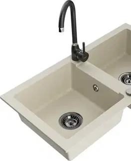 Kuchynské drezy MEXEN/S MEXEN/S - Mario granitový drez 2-bowl vrátane batérie Telma, béžová 6504-69-670200-70