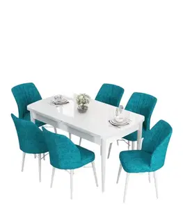 Jedálenské sety Extendable Dining Table & Chairs Set (7 Pieces) Eva - White, Turquoise