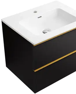 Kúpeľňový nábytok CERANO - Kúpeľňová skrinka Velora - čierna matná, úchytka zlatá + keramické umývadlo Novo - biela lesklá - 61x54,5x46,5 CER-979899