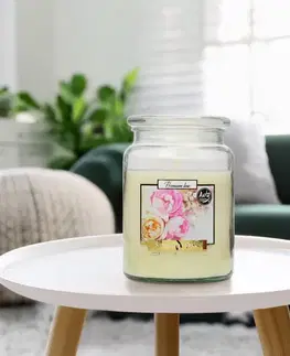 Sviečky KONDELA Leana vonná sviečka v skle 500 g priehľadná / krémová