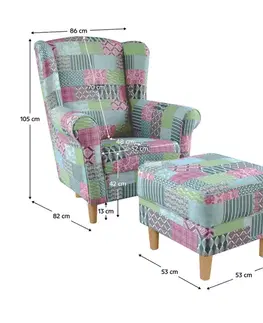 Kreslá KONDELA Astrid kreslo (ušiak) s taburetkou vzor patchwork M1