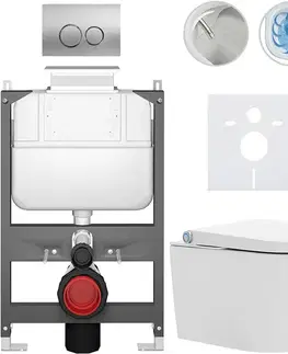 Záchody CERANO - Závesné WC s bidetom Basic/Cronus Standard - biela lesklá - WC tlačidlo Dualo/Strieborná - ovládanie zhora - predstenová inštalácia - 59,3x38,4 CER-8050BD86430