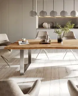 Jedálenské stoly DELIFE Jedálenský stôl Edge 240x100 cm akácia prírodná nerezová oceľ úzky Live-Edge