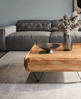 Konferenčné stolíky DELIFE Konferenčný stolík Kiano 90x90 cm akácia prírodná 2 zásuvky podstava v tvare V čierna