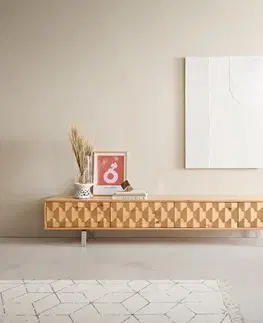 Televízne stolíky DELIFE TV stolík Fevo 220 cm dub prírodný 4 dvierka podstava v tvare L nerezová oceľ