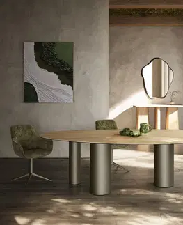 Jedálenské stoly DELIFE Jedálenský stôl Edge oválny 280x130 keramika Laminam® sabbia dubová farba pilier kov titánová farba