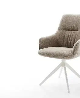 Jedálenské stoličky DELIFE Jedálenská stolička Zelia-Flex s opierkami bouclé tmavobéžová krížová podstava široká biela otočná 360° hojdacia funkcia vrecková pružina
