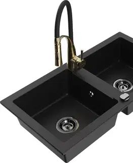 Kuchynské drezy MEXEN/S MEXEN/S - Mario granitový drez 2-bowl vrátane batérie Aster, čierna 6504-77-73450-57-B
