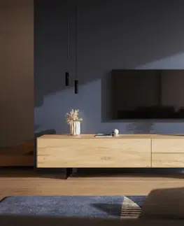 Televízne stolíky DELIFE TV stolík Cuor 220 cm keramika Laminam® sabbia v dubovej farbe 1 výklopné dvierka 2 zásuvky podstava závesná kov čierna