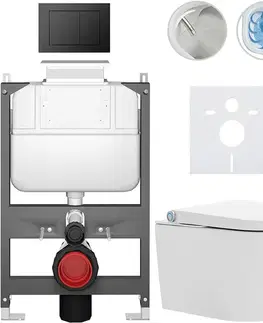 Záchody CERANO - Závesné WC s bidetom Basic/Cronus Standard - biela lesklá - WC tlačidlo Maxio/Čierna - ovládanie zhora - predstenová inštalácia - 59,3x38,4 CER-8050BD86440