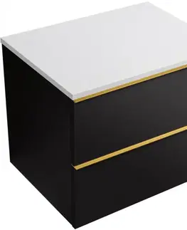 Kúpeľňový nábytok CERANO - Kúpeľňová skrinka Velora - čierna matná, úchytka zlatá + doska z lit. mramoru Elanys - 12 mm - biela matná - 60x54,2x46,5 CER-679442