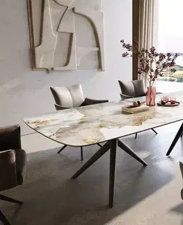 Jedálenské stoly DELIFE Jedálenský stôl Edge zaoblený 300×120 cm keramika Minas Melange bielo-béžová Estelar okrúhly kov čierna