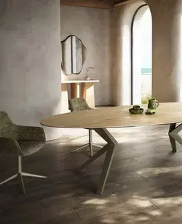 Jedálenské stoly DELIFE Jedálenský stôl Edge oválny 280x130 keramika Laminam® sabbia dubová farba Zenthara hranatý kov titánová farba