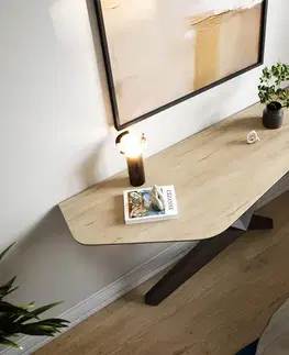 Konzolové stolíky DELIFE Konzolový stolík Edge polygonálny 140×50 cm keramika Laminam® sabbia v dubovej farbe Zentharo kov čierna