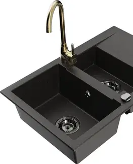 Kuchynské drezy MEXEN/S MEXEN/S - Gaspar granitový drez 1.5 s odkvapkávačom vrátane batérie Telma, čierna/zlatá 6507-75-670200-50-B