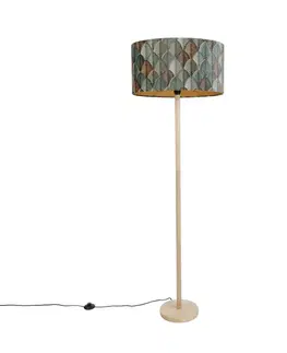 Stojace lampy Drevená stojaca lampa s oválnym zamatovým tienidlom s dizajnom listov 50 cm - Mels
