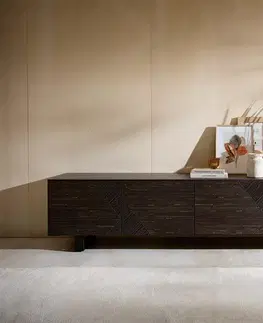 Televízne stolíky DELIFE TV stolík Tereos 220 cm jaseň tmavohnedá 3D efekt 4 dvierka kovová podstava čierna