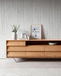 Komody DELIFE Komoda Eloi 240x40 cm akácia prírodná 2 dvierka 6 zásuviek podstava v tvare V nerezová oceľ