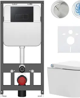 Záchody CERANO - Závesné WC s bidetom Basic/Cronus Standard - biela lesklá - WC tlačidlo Modulo/Čierna - závesné - predstenová inštalácia - 59,3x38,4 CER-8050BD86458