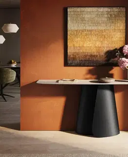 Konzolové stolíky DELIFE Konzolový stolík Edge zaoblený tvar 180×40 cm keramika Laminam® Travertino Bianco krémovo biela Livos kov čierna