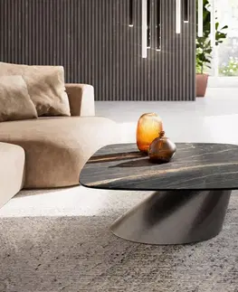 Konferenčné stolíky DELIFE Konferenčný stolík Edge zaoblený 90x90 cm keramika Laminam® Noir Desir hnedá Conis metalická strieborná
