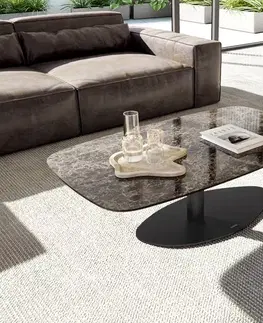 Konferenčné stolíky DELIFE Konferenčný stolík Edge zaoblený 120x70 cm keramika Laminam® Emperador Extra Lucidato tmavohnedá Vibany kov čierna