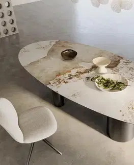 Jedálenské stoly DELIFE Jedálenský stôl Edge oválny 280x130 keramika Minas Melange bielo-béžová Troa nerezová oceľ grafitová