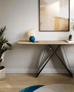 Konzolové stolíky DELIFE Konzolový stolík Edge zaoblený 180×40 cm keramika Laminam® sabbia v dubovej farbe Velio kov čierna
