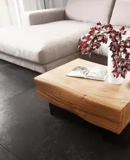 Konferenčné stolíky DELIFE Konferenčný stolík New Live-Edge 80x60 cm akácia prírodná 2 zásuvky podstava závesná kov čierna