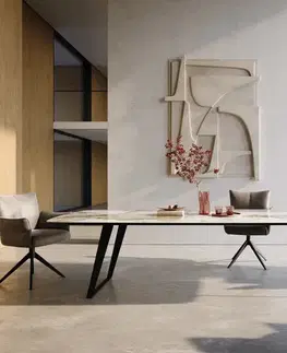 Jedálenské stoly DELIFE Jedálenský stôl Edge zaoblený tvar 300×120 cm keramika Minas Melange bielo-béžová kovová šikmá čierna