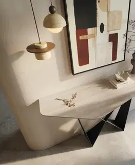 Konzolové stolíky DELIFE Konzolový stolík Edge polygonálny 140×50 cm keramika Laminam® Travertino Bianco krémovo biela Spios kov čierna