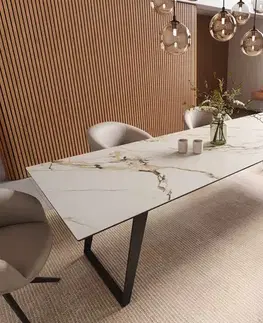 Jedálenské stoly DELIFE Jedálenský stôl Edge 300x100 keramika Calacatta Luxe bielo-zlato-šedá kov šikmý čierna