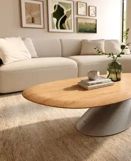 Konferenčné stolíky DELIFE Konferenčný stolík Edge oválny 140x75 cm dub prírodný zaoblená hrana Conis nerezová oceľ kefovaná