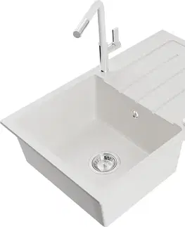 Kuchynské drezy MEXEN/S MEXEN/S - Bruno granitový drez 1 s odkvapkávačom vrátane batérie Flora, biela 6513-20-670401-02