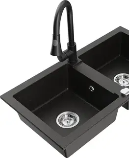 Kuchynské drezy MEXEN/S MEXEN/S - Mario granitový drez 2-bowl vrátane batérie Elia, čierna/zlatá metalik 6504-75-670101-70