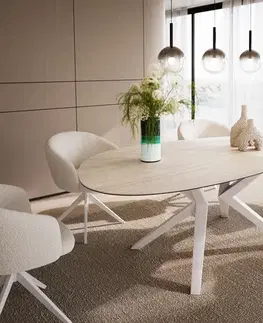 Jedálenské stoly DELIFE Jedálenský stôl Edge oválny 220x120 keramika Laminam®Travertino Bianco bielo-krémová Zenthara hranatý kov biela