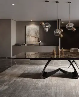 Jedálenské stoly DELIFE Jedálenský stôl Edge 200-300x100 keramika Laminam® Emperador Extra Lucidato tmavohnedá podstava v tvare W čierna rozkladací