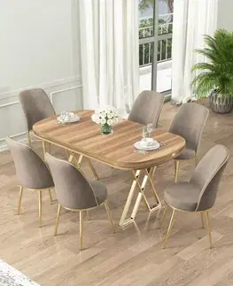 Jedálenské sety Dining Table & Chairs Set (7 Pieces) Lai - Light Walnut, Gold, Cappuccino