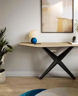 Konzolové stolíky DELIFE Konzolový stolík Edge polygonálny 180×50 cm keramika Laminam® sabbia dubová farba Zentharo kov čierna