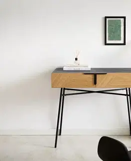Stoly DELIFE Konzolový stolík Mikkusu 90x45 cm bambus prírodná mango čierna 2 zásuvky kov čierna